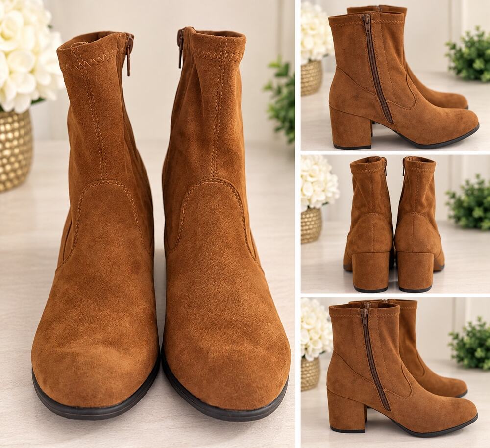 Brown Faux Suede Ankle Booties Block Heel Side Zip Size 7 New